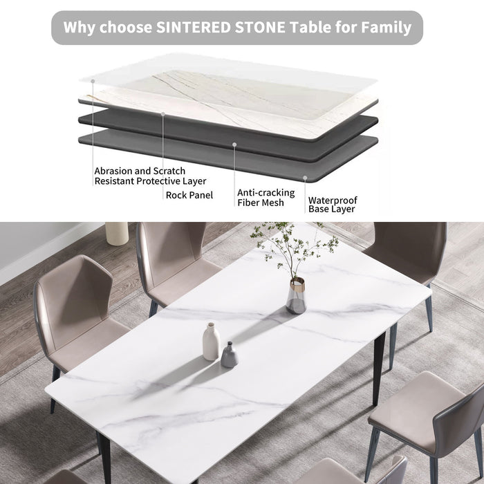 70.87" Modern Artificial Stone White Straight Edge Black Metal Leg Dining Table, Can Accommodate 6-8 People - White / Black