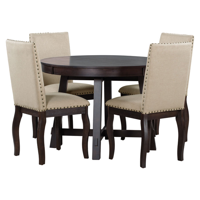 Farmhouse Dining Table Set Wood Round Extendable Dining Table And Upholstered Dining Chairs