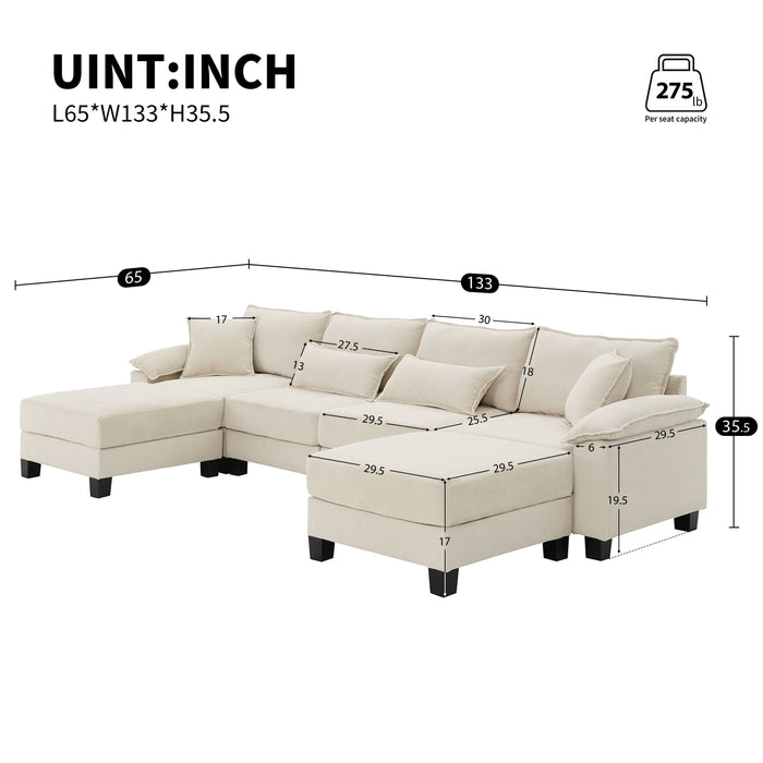 Corduroy Modular Sectional Sofa, U Shaped Couch With Armrest Bags, 6 Seat Freely Combinable Sofa Bed, Comfortable And Spacious Indoor Furniture For Living Room - Beige