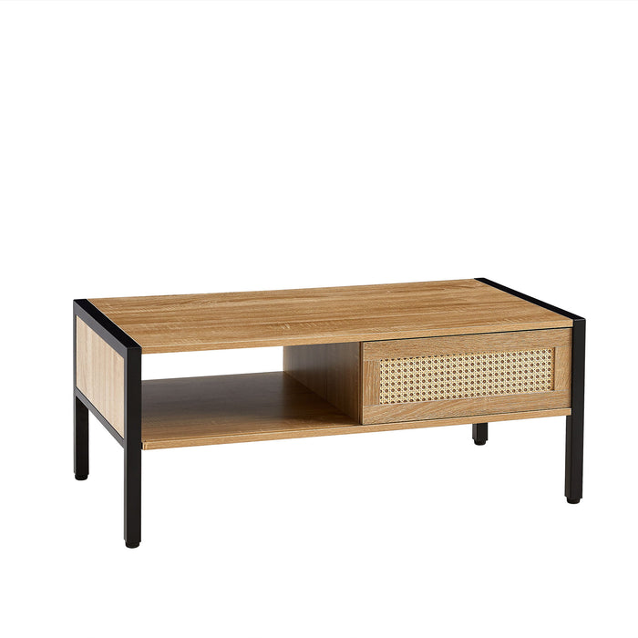 40.16" Rattan Coffee Table, Sliding Door For Storage, Metal Legs, Modern Table For Living Room