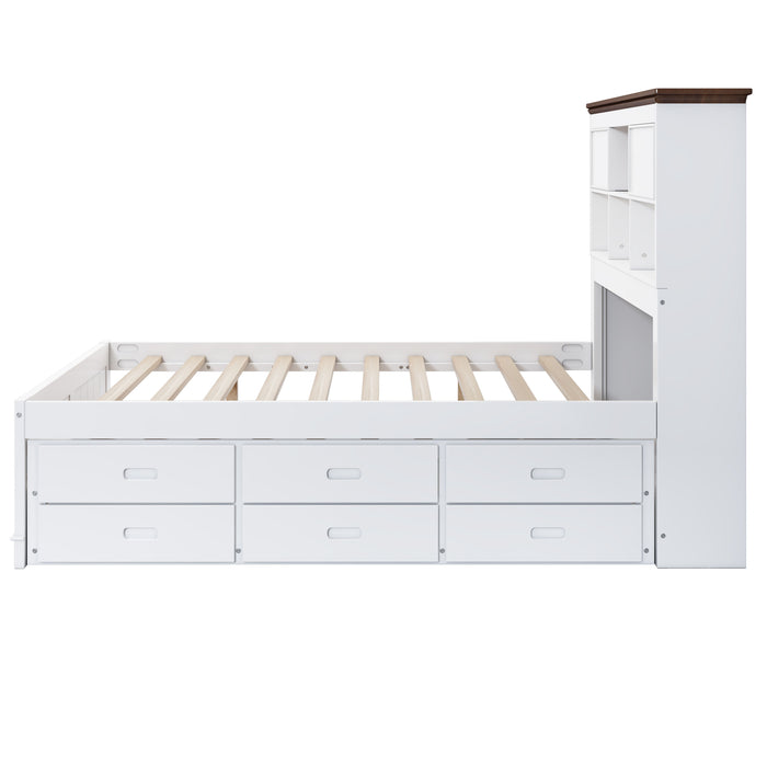 Twin Solid Pine Captain Bookcase Bed With Trundle Bed And 3 Spacious Under Bed Drawers In Casual - White / Walnut