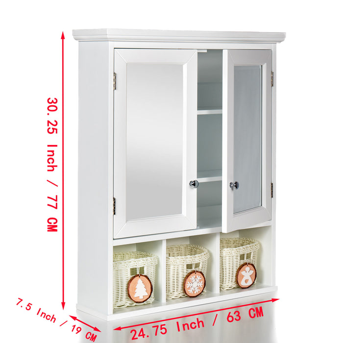 Bathroom Storage Cabinet, Medicine Cabinets For Bathroom With Mirror, 2 Doors 2 Adjustable Shelf & 3 Christmas Style Storage Basket - White