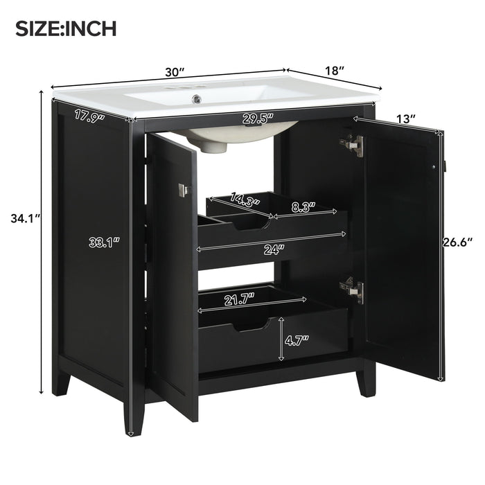 Freestanding Bathroom Vanity Combo With Ceramic Sink Shaker Style Vanities 2 Doors And 2 Drawers - Black