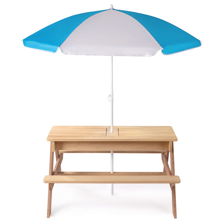 3-In-1 Kids Outdoor Wooden Picnic Table With Umbrella, Convertible Sand & Water, ASTM & CPSIA Certification