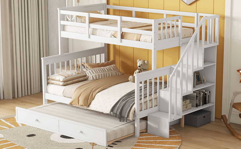 Twin Over Full Bunk Bed With Twin Size Trundle, Storage And Guard Rail For Bedroom, Dorm, For Adults - White