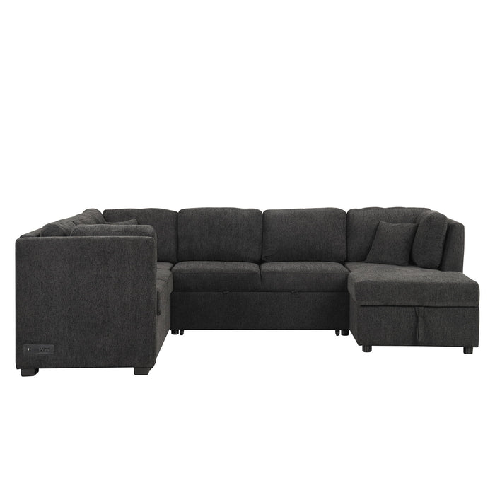 U-Shaped Sectional Sofa Pull Out Sofa Bed With Two USB Ports, Two Power Sockets, Three Back Pillows And A Storage Chaise For Living Room