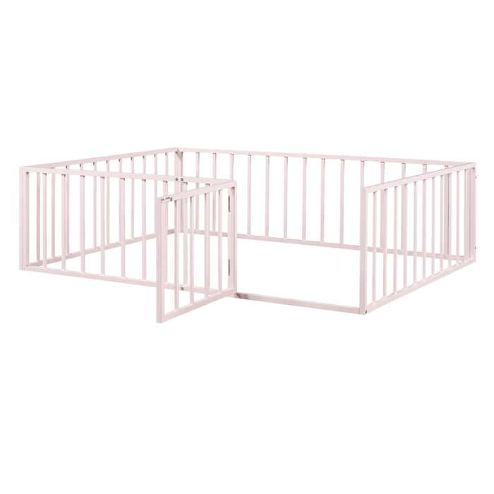 Metal Floor Bed Frame With Fence And Door - Black