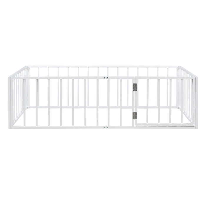 Metal Floor Bed Frame With Fence And Door - Black