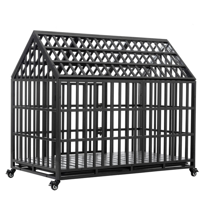 Heavy Duty Dog Crate Large Dog Cage Strong Metal Dog Kennels And Crates For Large Dogs With 4 Lockable Wheels - Black