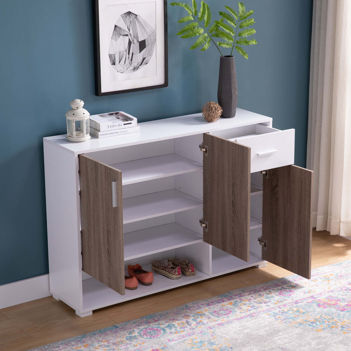Shoe Storage Cabinet For 17 Pairs, Bedroom Cabinet With Drawer & Doors - White & Dark Taupe