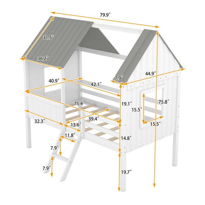 Twin Size Low Loft Wood House Bed With Two Side Windows - White / Gray