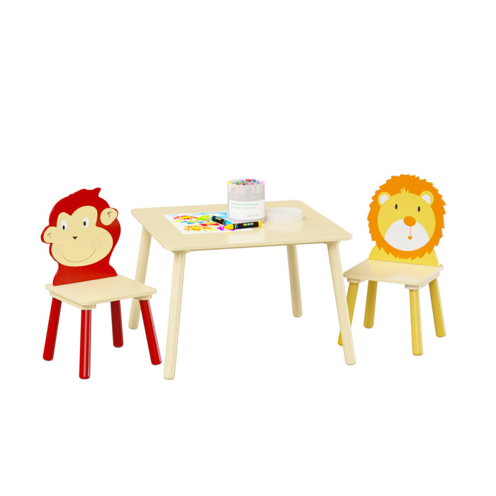 Kids Table And 2 Chairs Set, 3 Pieces Toddler Table And Chair Set, Wooden Activity Play Table Set (Lion&Monkey) - Natural