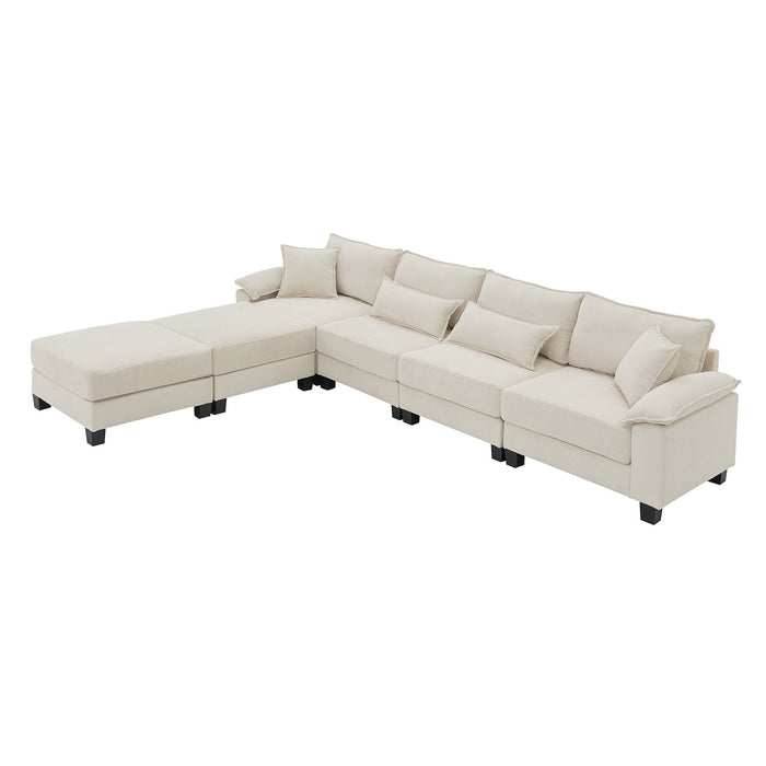 Corduroy Modular Sectional Sofa, U Shaped Couch With Armrest Bags, 6 Seat Freely Combinable Sofa Bed, Comfortable And Spacious Indoor Furniture For Living Room - Beige