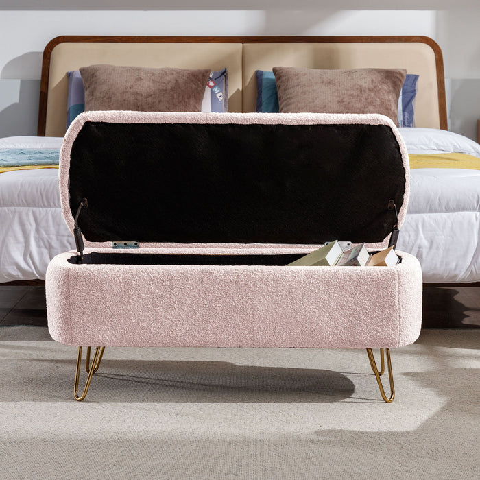 Storage Ottoman Bench For End Of Bed Gold Legs, Modern Camel Faux Fur Entryway Bench Upholstered Padded With Storage For Living Room Bedroom