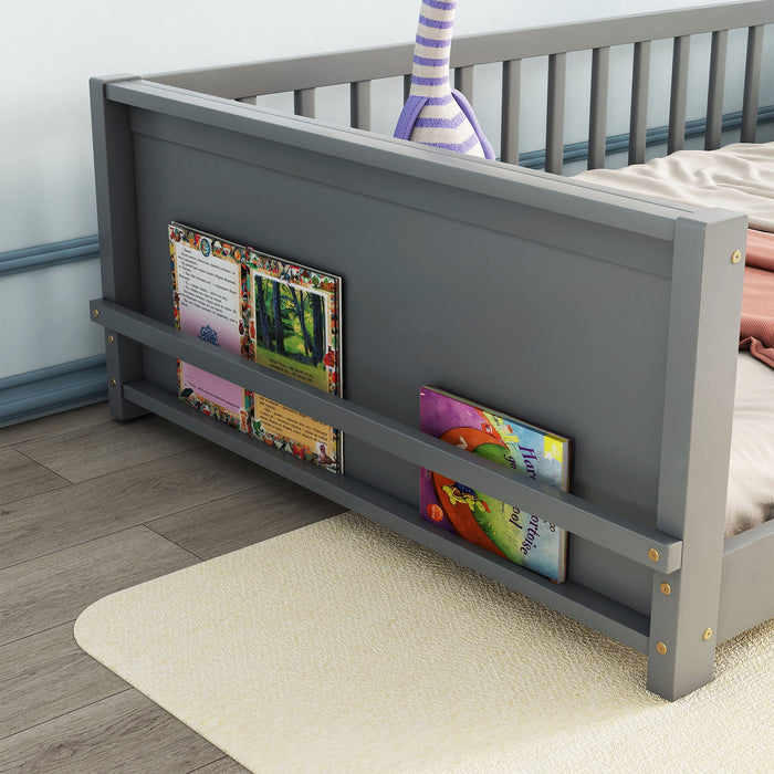 Floor Platform Bed With Built-In Book Storage Rack