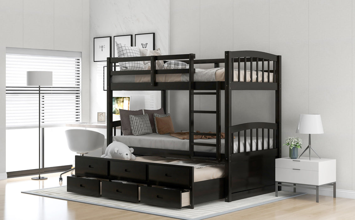 Twin Over Twin Wood Bunk Bed With Trundle And Drawers - Espresso