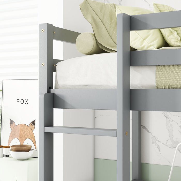 Loft Wood Bed With Under-Bed, Built-In Desk, A Storage Cabinet Of 2 Drawers, Guardrails, Ladder