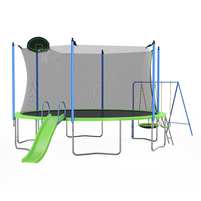 12Ft Trampoline With Slide And Swings, Astm Approved Large Recreational Trampoline With Basketball Hoop And Ladder, Outdoor Backyard Trampoline With Net, Capacity For Kids And Adults - Green / Blue