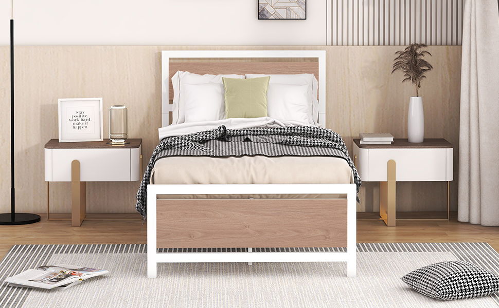 Platform Bed, Metal And Wood Bed Frame With Headboard And Footboard