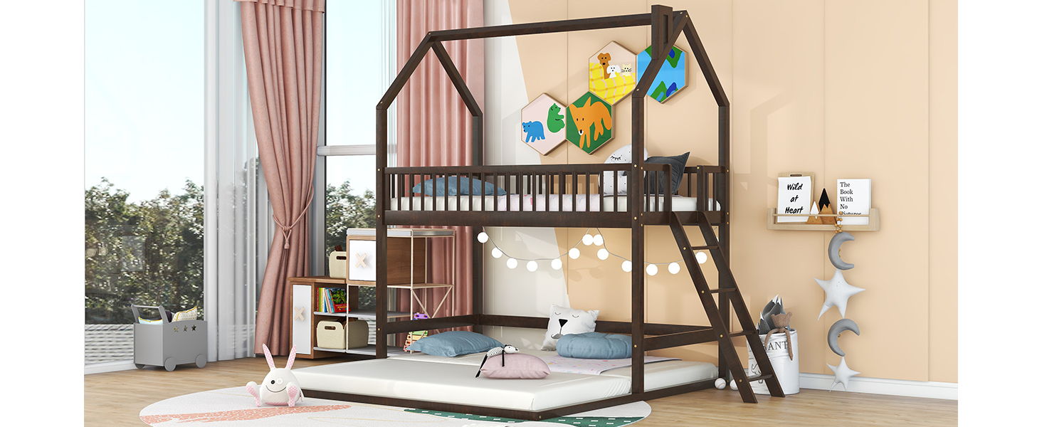 Twin Over Twin-Twin House Bunk Bed With Extending Trundle And Ladder - Espresso