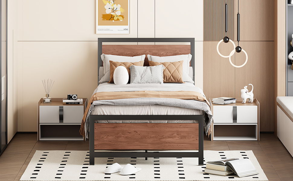 Platform Bed, Metal And Wood Bed Frame With Headboard And Footboard