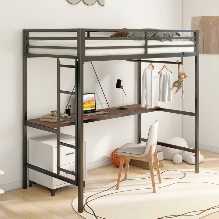 Adam - Twin Loft Bunk Bed With Cinnamon Wood Desk And Closet Rod - Black