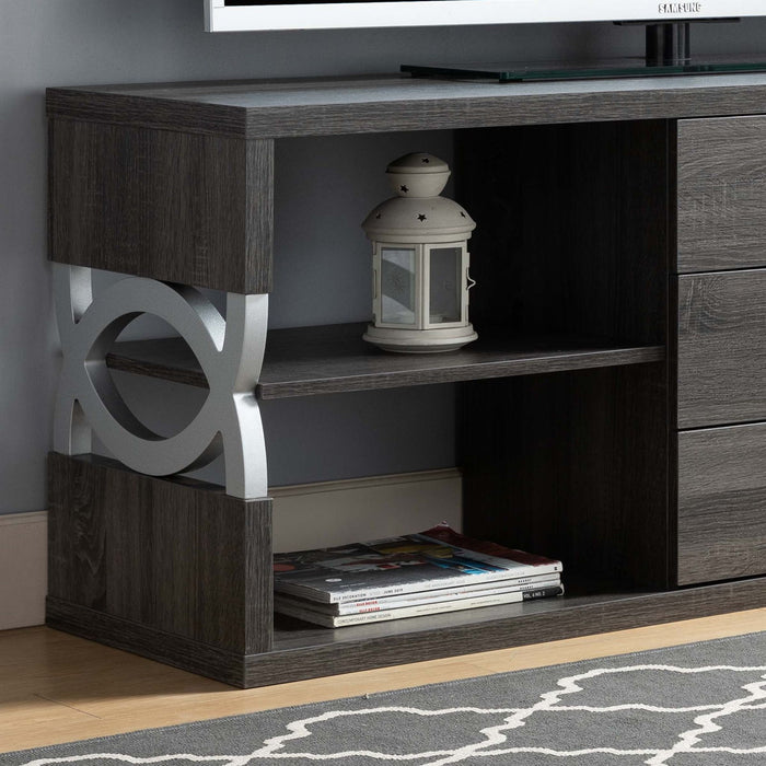 Elegant 60" TV Stand With 3 Center Drawers, 4 Shelves - Distressed Grey & Silver