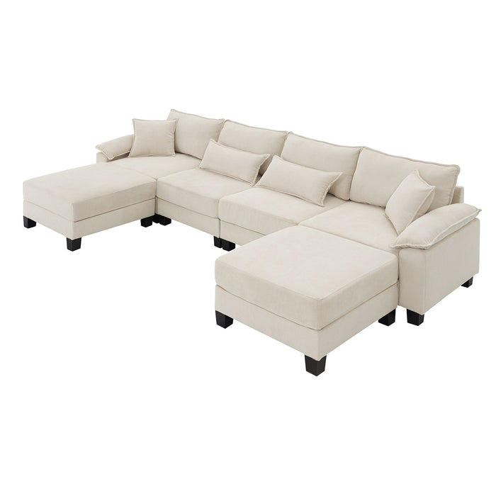 Corduroy Modular Sectional Sofa, U Shaped Couch With Armrest Bags, 6 Seat Freely Combinable Sofa Bed, Comfortable And Spacious Indoor Furniture For Living Room - Beige