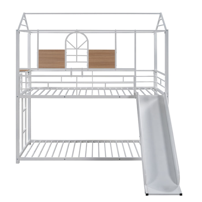 Twin Over Twin Metal Bunk Bed, Metal Housebed With Slide, Three Colors Available