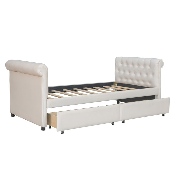 Upholstered Daybed With Drawers, Wood Slat Support