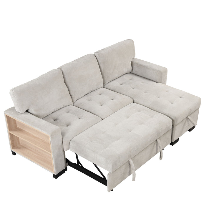 Stylish And Functional Light Chaise Lounge Sectional With Storage Rack Pull-Out Bed Drop Down Table And USB Charger