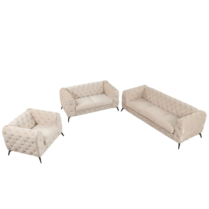 3 Piece Sofa Sets Modern With Sturdy Metal Legs, Velvet Upholstered Couches Sets Including Three Seat Sofa, Loveseat And Single Chair For Living Room Furniture Set - Beige