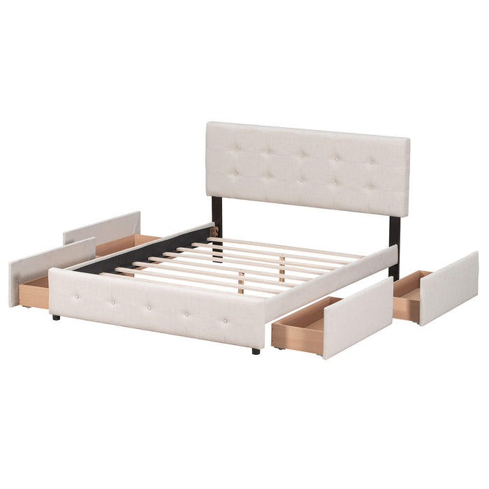 Upholstered Platform Bed With Classic Headboard And 4 Drawers, No Box Spring Needed