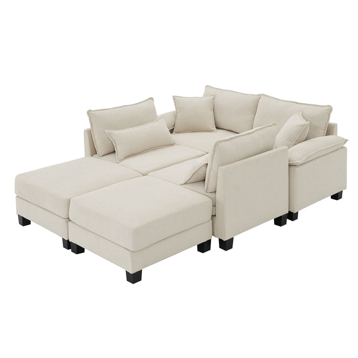 Corduroy Modular Sectional Sofa, U Shaped Couch With Armrest Bags, 6 Seat Freely Combinable Sofa Bed, Comfortable And Spacious Indoor Furniture For Living Room - Beige