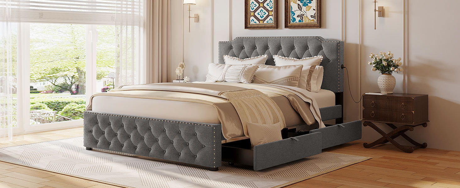 Upholstered Platform Bed With 2 Drawers And 2 Sets Of USB Ports On Each Side, Linen Fabric