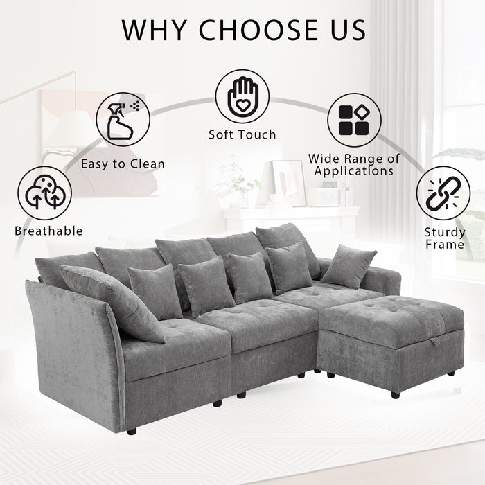 Sectional Sofa Modular Sofa Couch With Three USB Ports, A Removable Storage Ottoman And Five Back Pillows For Living Room