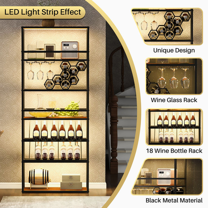 LED Tall Wine Rack Freestanding Floor, 7 Tier Wine Baker Rack With Glass Holder & Wine Storage, Industrial Wine Display Shelf Wine Bar Cabinet For Bar, Kitchen, Dining Room