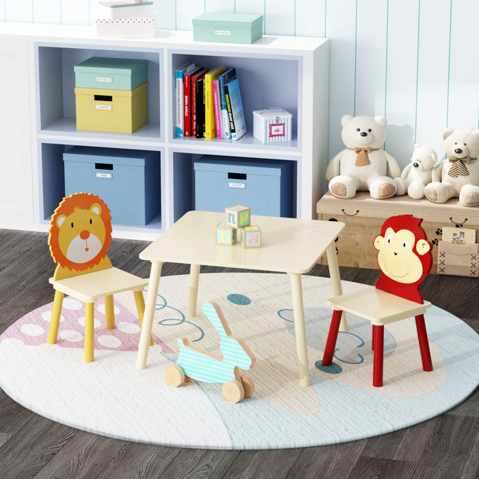 Kids Table And 2 Chairs Set, 3 Pieces Toddler Table And Chair Set, Wooden Activity Play Table Set (Lion&Monkey) - Natural