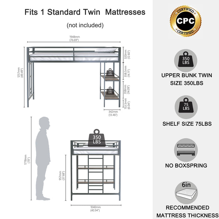 Adam - Junior Twin Loft Bunk Bed - Black With Cinnamon Wood Shelf