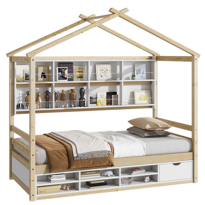 House Bed With Roof Frame, Bedside-Shelves, Under Bed Storage Unit