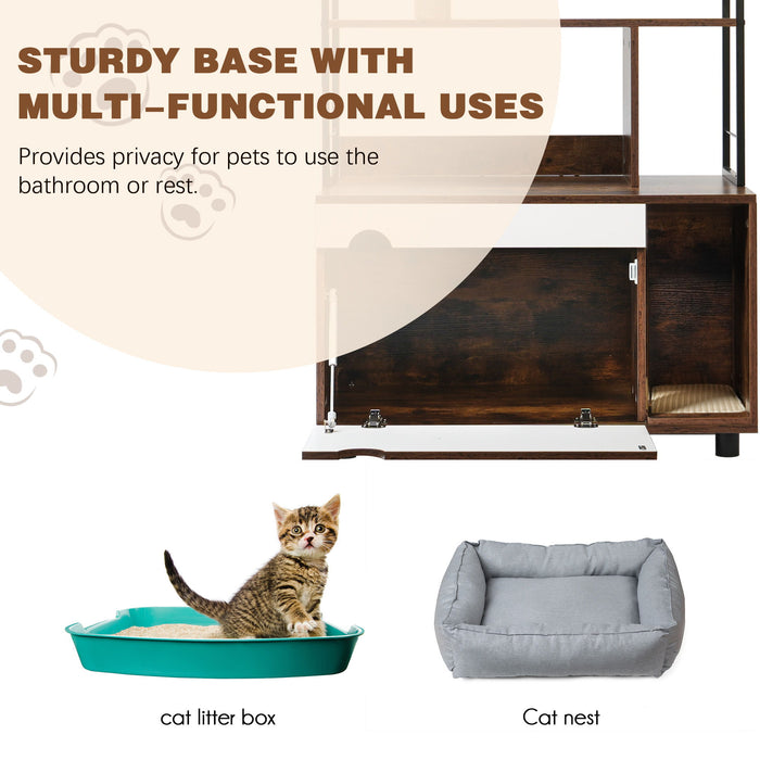 Cat Litter Box Enclosure With Shelves, Hidden Litter Box With Scratching Posts, Litter Box Furniture, Wooden Cat Tree - White / Dark Brown