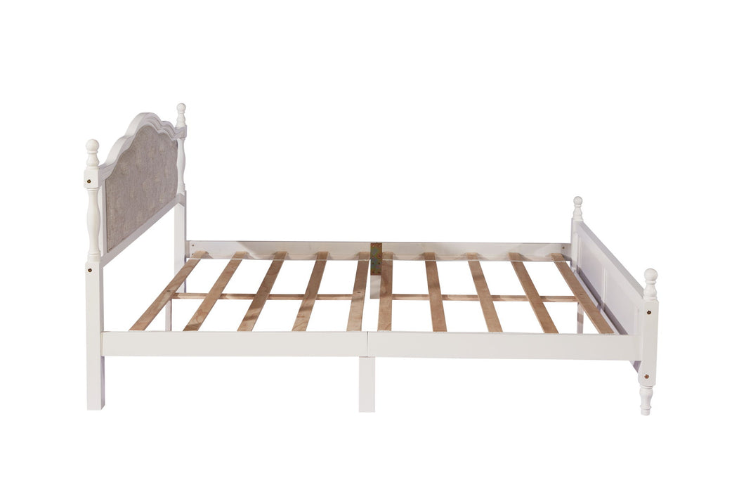 Pine Wooden Bed With Upholstered Headboard And Panel Footboard, With Two Bed Rail Support Feet And Central Platform Support Feet