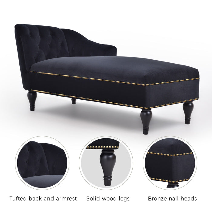 Velvet Chaise Lounge, Button Tufted Right Arm Facing Lounge Chair With Nailhead Trim & Solid Wood Legs For Living Room Or Office, Sleeper Lounge Sofa - Black