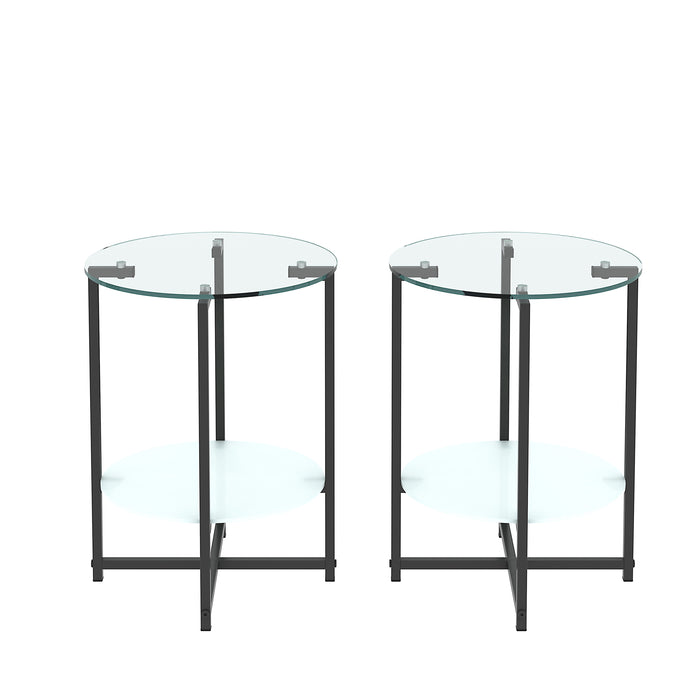 JWS Tempered Glass End Table (Set of 2) , Round Coffee Table For Bedroom Living Room Office - Black