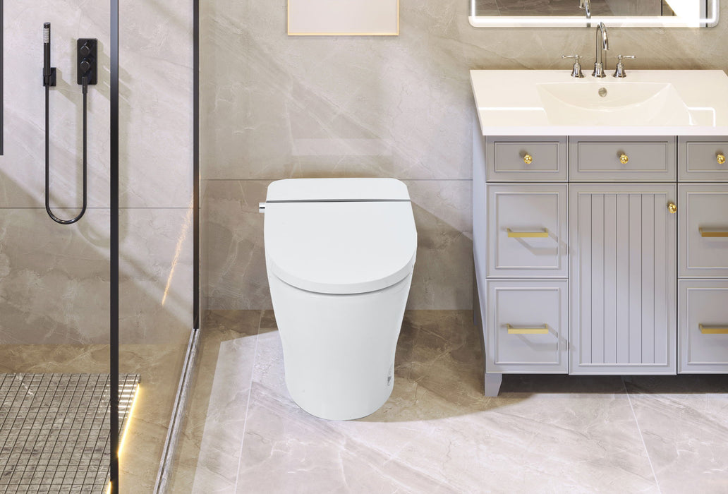 Heated Seat Smart Toilet Without Bidet, Upmarket Compact Dual Flush Toilet 1 / 1.28 Gpf, Tank Less Toilet With Adjustable Temp Heated Seat, Foot Sensor Flush - White Night Light, Knob Control, Power Out