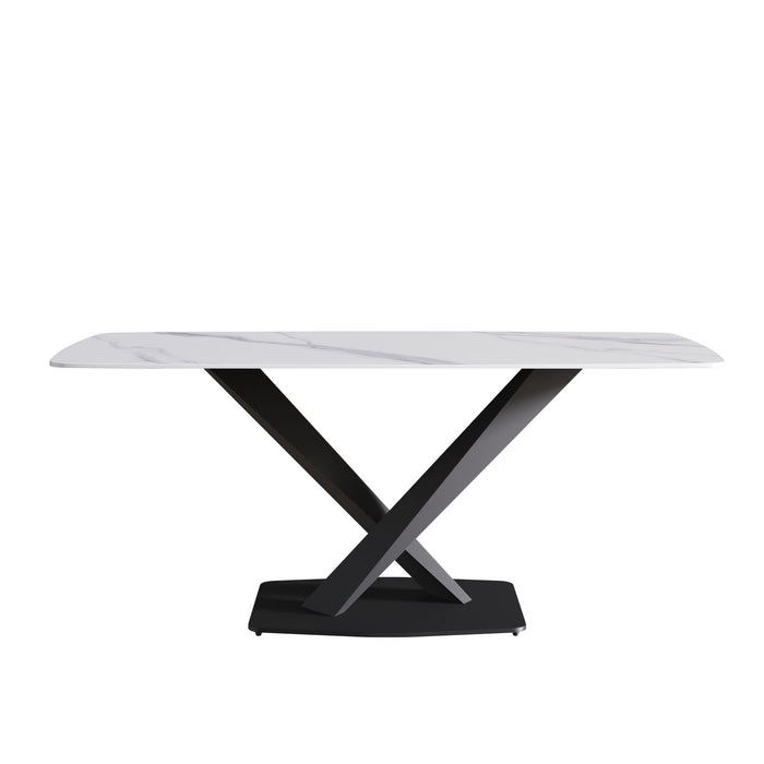 70.87" Modern Artificial Stone White Curved Black Metal Leg Dining Table, Can Accommodate 6-8 People - White / Black