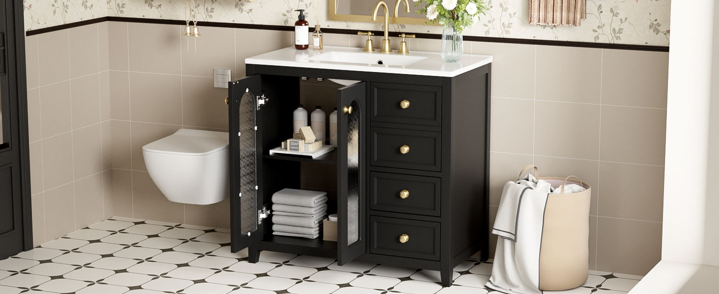 Bathroom Vanity With Two Soft Close Doors, Adjustable Shelves And Three Drawers