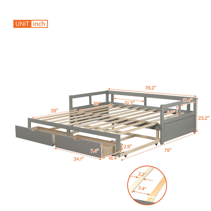 Wooden Daybed With Trundle Bed And Two Storage Drawers, Extendable Bed Daybed, Sofa Bed For Bedroom Living Room