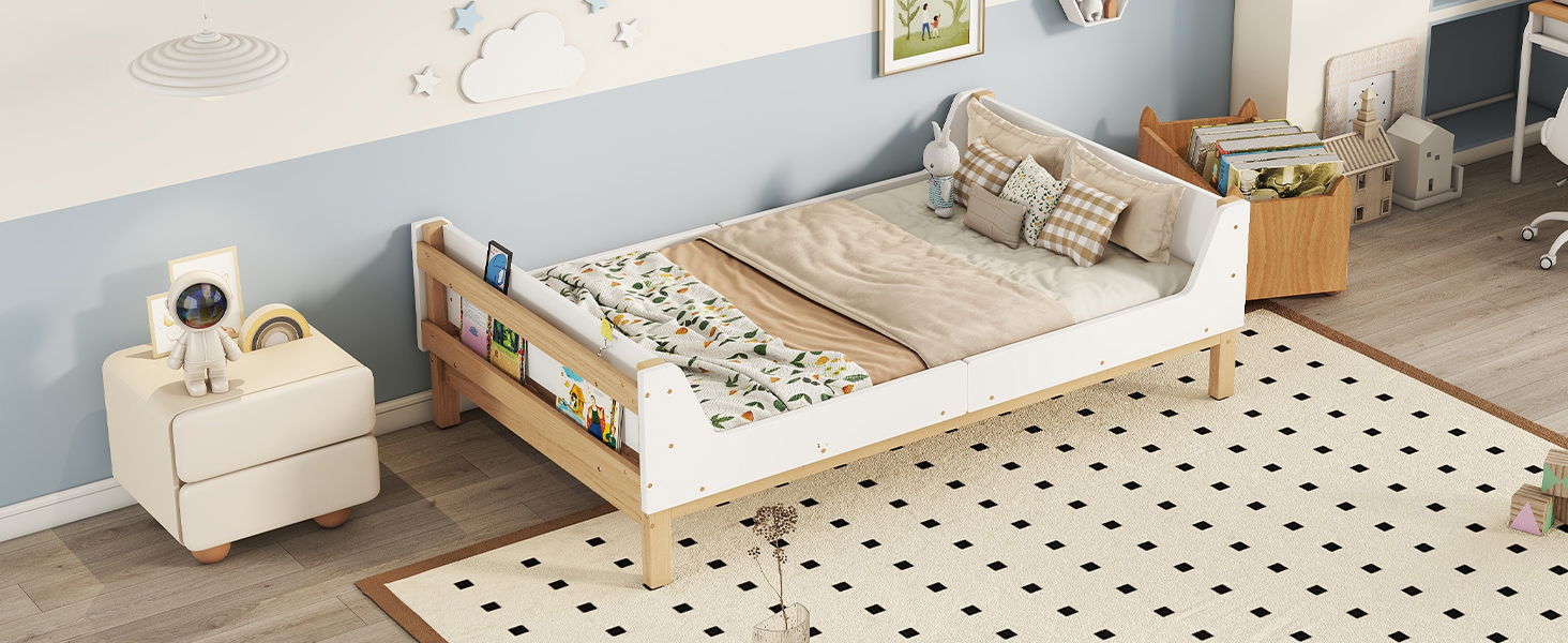 Bed With Headboard, Footboard, Safeguards, Built-In Bed-End Book Storage Rack