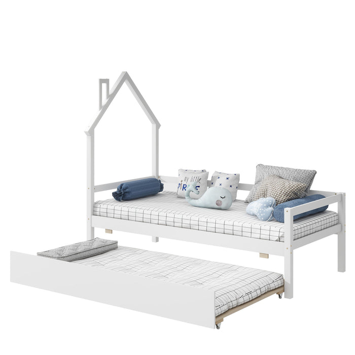 House Wooden Daybed With Trundle, House-Shaped Headboard Bed With Guardrails